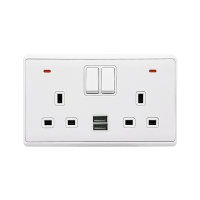 LONDON DOUBLE SOCKET 2P BUTTON SWITCH NEON+USB WH