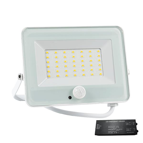 VEGA30 SLIM 30W LED FLOODLIGHT + SEN 3000K WH+EMERGENCY KIT