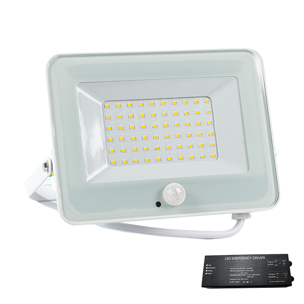 VEGA50 SLIM 50W LED FLOODLIGHT + SEN 3000K WH+EMERGENCY KIT